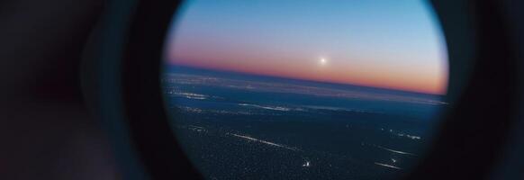 ai gerado aviação e cosmonáutica dia, internacional dia do humano voo espacial, Visão do a cidade a partir de a escotilha janela, noite cidade, topo visualizar, nascer do sol, horizontal bandeira foto