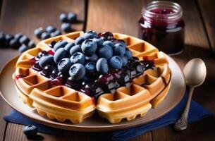 ai gerado uma pilha do waffles com geléia, Belga waffles com amoras, doce baga sobremesa, caseiro pastelaria, delicioso e saudável café da manhã, fotos para a café fazer compras cardápio