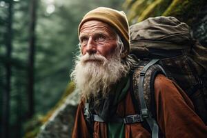 ai gerado aventureiro Mais velho homem caminhada natureza. gerar ai foto