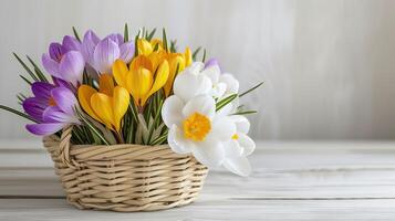 ai gerado açafrão flores arranjado dentro uma Palha cesta contra uma imaculado branco de madeira pano de fundo, oferta opções dentro branco, amarelo, ou roxa matizes, criando uma encantador do da natureza recompensa. foto