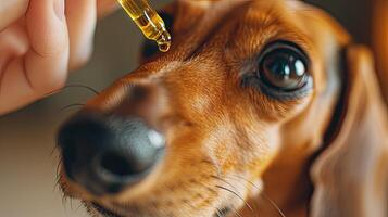 ai gerado uma humano mão segurando uma conta-gotas boné a partir de que uma solta do óleo cai, transmitindo a interseção do animal curiosidade e humano bem estar práticas. foto