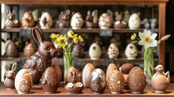 ai gerado a artesanal chocolate fazer compras adornado com vibrante monitores do intrincadamente trabalhada chocolate esculturas e delicioso guloseimas, convidativo visitantes para saciar dentro a Doçura do a temporada. foto