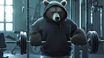 ai gerado uma Urso com pele e Castanho olhos dons uma Preto moletom com capuz e cinzento shorts, exibindo força e determinação enquanto elevação pesado pesos dentro a academia, envelope dentro a atmosfera do motivação. foto