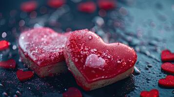 ai gerado delicadamente decorado doces, em forma de coração biscoitos adornado com Rosa e vermelho glacê, e borrifado com comestível brilho, evocando uma sentido do romance e indulgência. foto