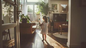 ai gerado uma pequeno menina berços a Páscoa Coelho dentro uma lustroso, vivo sala, Onde a contraste entre a Eterno símbolo do a Coelho e a contemporâneo estilo do a configuração é surpreendentemente evidente. foto