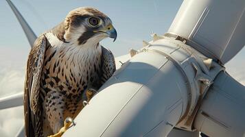 ai gerado uma majestoso falcão subindo graciosamente entre a imponente lâminas do uma vento turbina, exibindo a intrincado Saldo entre animais selvagens e renovável energia. foto