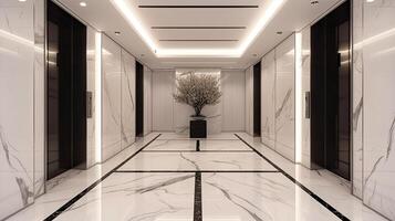 ai gerado uma brilhante porão elevador quarto reminiscente, apresentando Preto e branco mármore piso, branco paredes, e topo superfícies com integrado armazenamento espaço, exalando sofisticação e luxo. foto