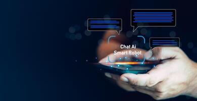 homem usando a ai para Socorro e Apoio, suporte trabalhos para chatbot, análise usando tecnologia inteligente robô ai. foto