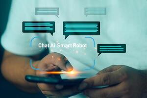 homem usando chatbot ai aplicativo em Móvel telefone para Socorro e Apoio, suporte trabalhos foto