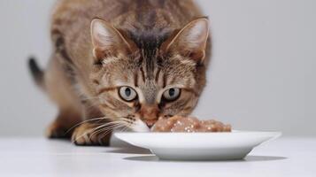 ai gerado uma gato Está cabeça Fora a partir de debaixo a mesa, desenhado de a aroma do molhado gato Comida dentro uma tigela colocada em a mesa, contra uma branco fundo, exibindo a irresistível fascinar do jantar foto