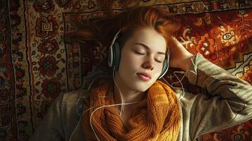 ai gerado uma relaxado mulher deitado em a tapete às lar, indulgente dentro música através dela fones de ouvido, exalando uma sentido do calma e contentamento dentro dela retrato. foto