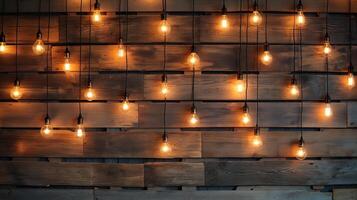 ai gerado uma madeira parede adornado com caloroso lâmpada luzes, criando uma acolhedor e convidativo atmosfera dentro uma vivo espaço ou cafeteria contexto. foto