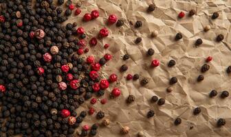 ai gerado preto, vermelho e branco Pimenta em rústico de madeira fundo foto