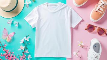 ai gerado uma branco camiseta brincar apresentando uma em branco camisa modelo, adornado com vibrante Primavera acessórios contra uma suave pastel fundo, perfeito para transmitindo uma fresco e sazonal estilo. foto