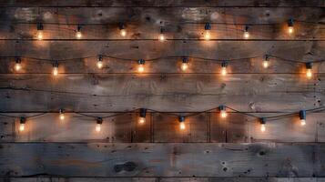 ai gerado uma madeira parede adornado com caloroso lâmpada luzes, criando uma acolhedor e convidativo atmosfera dentro uma vivo espaço ou cafeteria contexto. foto