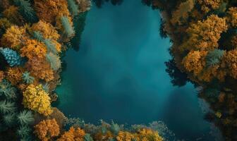 ai gerado aéreo Visão do uma lago com árvores dentro a floresta às pôr do sol foto