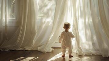 ai gerado uma 1 ano de idade bebê em pé dentro a vivo sala, vestido dentro uma imaculado branco macacão, banhado dentro a suave brilho do luz solar filtrando através puro branco cortinas. foto