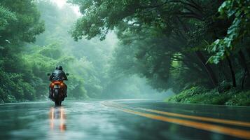 ai gerado uma moto motorista navegação através a chuva em uma densamente arborizada estrada, a cintilante pingos de chuva e exuberante folhagem criando uma cativante ambiente do da natureza abraço foto