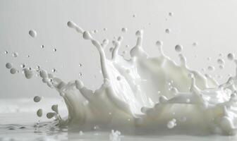 ai gerado espirrando leite em branco fundo fechar acima. derrama leite foto