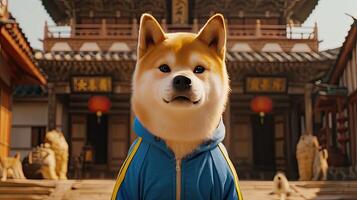 ai gerado uma carismático gordo Shiba inu greves uma pose dentro uma lustroso azul agasalho, acentuado de negrito amarelo striping ao longo a lados, criando uma cinematográfico fotografia este irradia atitude. foto