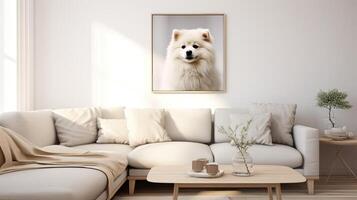 ai gerado a americano esquimó cachorro descansando em uma branco sofá dentro uma moderno vivo sala, com suave cores dominando a paleta, criando uma sereno e contemporâneo ambiente. foto