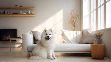 ai gerado a americano esquimó cachorro descansando em uma branco sofá dentro uma moderno vivo sala, com suave cores dominando a paleta, criando uma sereno e contemporâneo ambiente. foto