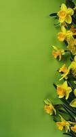 ai gerado amarelo narcisos, conjunto contra a elétrico Lima verde fundo, incorporando a essência do primavera flor e floral beleza. amplo cópia de espaço forneceu para Mensagens. foto