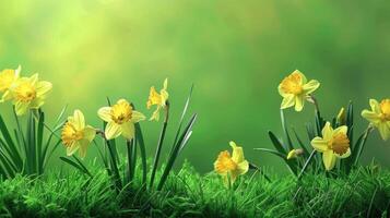 ai gerado amarelo narcisos, conjunto contra a elétrico Lima verde fundo, incorporando a essência do primavera flor e floral beleza. amplo cópia de espaço forneceu para Mensagens. foto