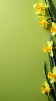 ai gerado amarelo narcisos, conjunto contra a elétrico Lima verde fundo, incorporando a essência do primavera flor e floral beleza. amplo cópia de espaço forneceu para Mensagens. foto