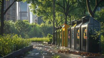 ai gerado uma bem mantido cidade parque com uma linha do reciclando caixas, exibindo a da cidade comprometimento para ecologia dentro ultra alto qualidade. foto