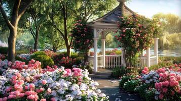 ai gerado uma jardim gazebo aninhado no meio florescendo rosas, evocando uma sentido do Paz e tranquilidade dentro a encantador primavera contexto. foto