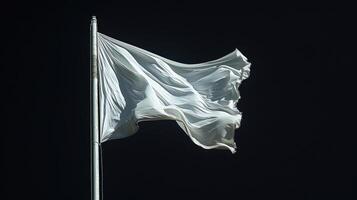 ai gerado em branco branco bandeira em uma mastro de bandeira, isolado contra uma rígido Preto fundo, transmitindo uma sentido do simplicidade e pureza dentro Está simbolismo. foto