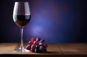 ai gerado uma vidro do vermelho vinho em uma de madeira mesa, uma grupo do uvas, vinho degustação, vinho especialista, sommelier, adega conceito, azul fundo, Lugar, colocar para texto foto