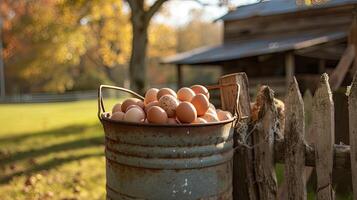 ai gerado uma robusto balde transbordante com recentemente coletado ovos, aninhado ao lado a piquete cerca do uma rústico frango gaiola, resumindo a charme do país vivendo. foto