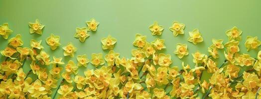 ai gerado amarelo narcisos, conjunto contra a elétrico Lima verde fundo, incorporando a essência do primavera flor e floral beleza. amplo cópia de espaço forneceu para Mensagens. foto