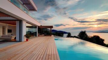 ai gerado ilha casa com uma minimalista arquitetônico estilo, uma madeira área coberta com a infinidade piscina, ripado madeira pérgola, a elegante simplicidade e natural charme do a residência. foto