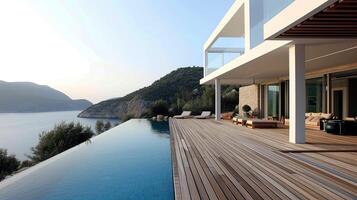 ai gerado ilha casa com uma minimalista arquitetônico estilo, uma madeira área coberta com a infinidade piscina, ripado madeira pérgola, a elegante simplicidade e natural charme do a residência. foto