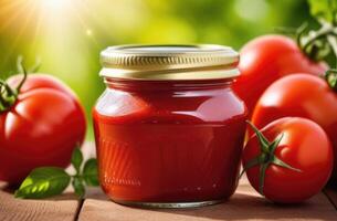 ai gerado uma jarra do tomate colar, vermelho maduro tomates estão deitado em uma de madeira mesa, contra a fundo do uma vegetal jardim, tomates suspensão a partir de uma filial, tomate arbustos foto