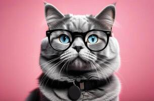 ai gerado mundo gato dia, sério doméstico cinzento gato com copos, visão verificar, oftalmologia salão, veterinário clínica, Rosa fundo foto