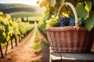 ai gerado vime cesta, cachos do uvas dentro uma cesta, uva plantação, verão Vinhedo, colheita, vinho Produção, ensolarado dia foto