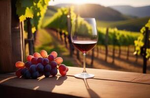 ai gerado uma vidro do vermelho vinho em uma de madeira mesa, uma grupo do uvas, sommelier, vinho especialista, vinho degustação, adega conceito, uva plantação em a fundo, luz solar foto