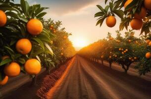 ai gerado maduro laranjas suspensão em uma filial, laranja Pomar, laranja plantações para a horizonte, grandes linhas do laranja árvores, ensolarado dia, alvorecer ou pôr do sol luz foto