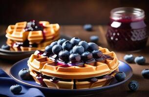 ai gerado doce baga sobremesa, Belga waffles com amoras, uma pilha do waffles com geléia, delicioso e saudável café da manhã, caseiro pastelaria, fotos para a café fazer compras cardápio