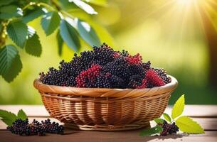 ai gerado vime cesta com elderberries em uma de madeira mesa, maduro elderberries, contra a fundo do a sabugueiro arbusto, Pomar, ensolarado dia foto