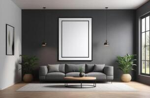 ai gerado esvaziar brincar cenário quadro, Armação em a parede, interior do uma moderno vivo sala, salão área com sofá e café mesa, minimalista interior, interior plantas, cinzento tons foto