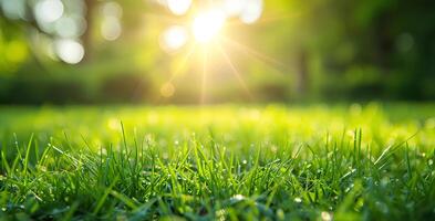 ai gerado fechar acima verde Relva e luz solar fundo foto