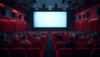 ai gerado cinema em branco Largo tela dentro a cinema corredor foto