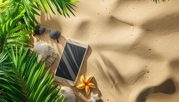 ai gerado verão venda de Anúncios bandeira modelo para promoção. bandeira com Smartphone em de praia areia foto