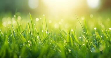 ai gerado fechar acima verde Relva e luz solar fundo foto