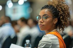 ai gerado focado participante às profissional conferência. uma jovem mulher atentamente escuta durante uma seminário, vestindo óculos e uma conferência crachá dentro uma corredor preenchidas com participantes. foto